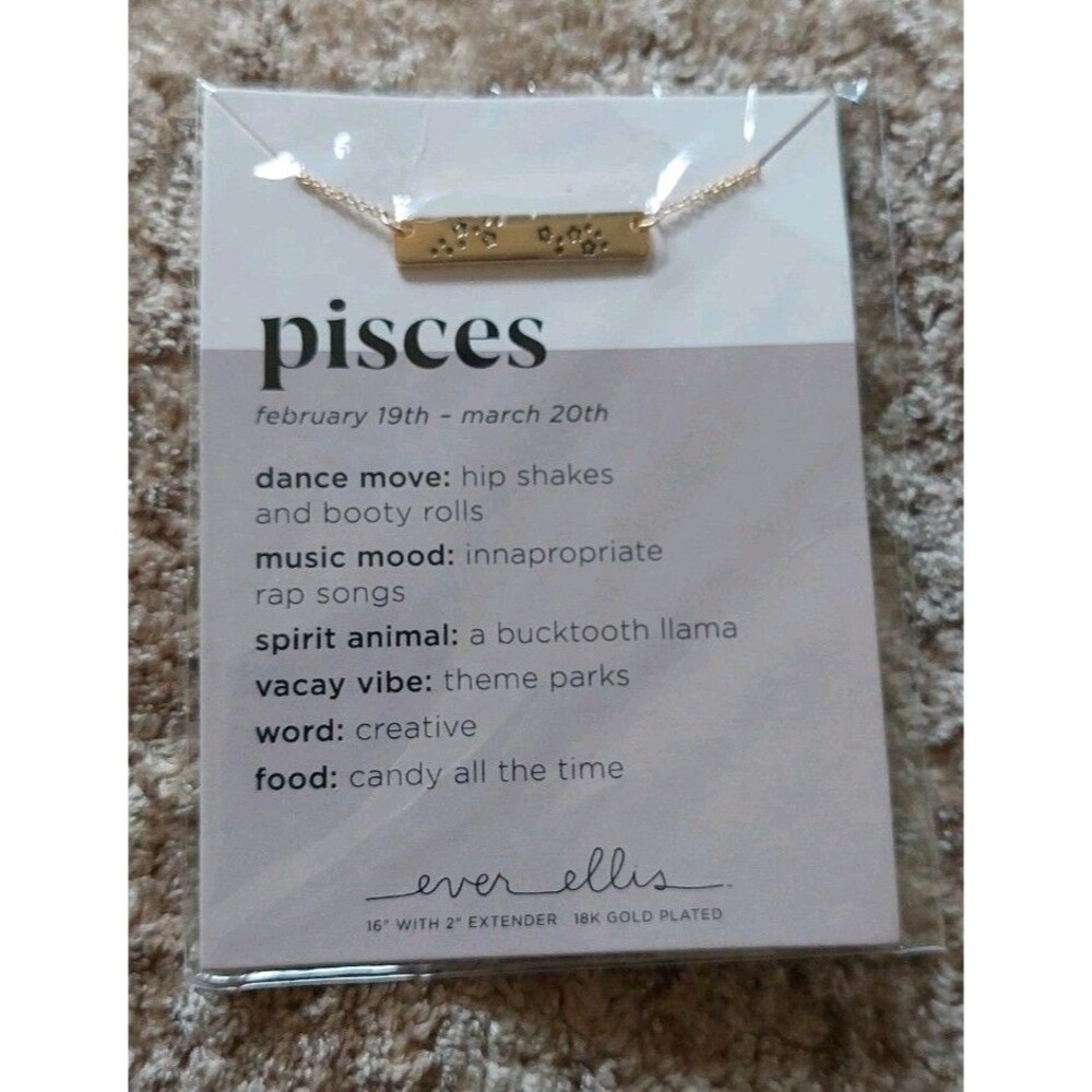 Pisces Zodiac Bar Necklace 18K Gold Plated Ever Ellis 16" February 19 - March 20